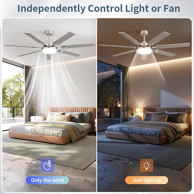 64 Inch Ceiling Fans with Lights and Remote,Living Room Office Library Cafe Outdoor, 5CCT Dimmable, Dual Color 7 Blades, 6 Speed Reversible Quiet DC Motor, Dual-Layer Shade, Sand-nickel/Wood Grain