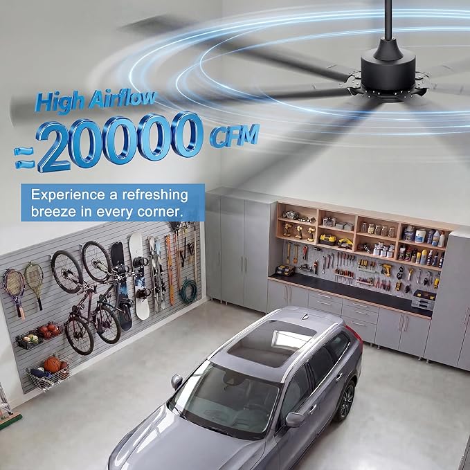 Ohniyou 108'' Ceiling Fan No Light, Black Industrial Ceiling Fan with Remote/APP, 7 Aluminum Blades, 20000 CFM DC Motor for Gym, Warehouse, Garage, Shop