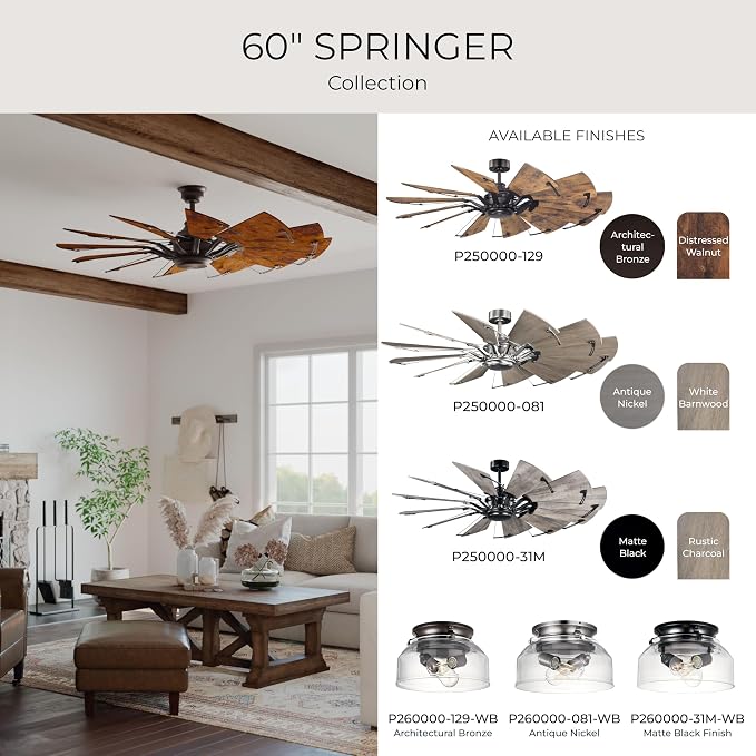 Progress Lighting Springer Collection DC Motor Farmhouse Windmill Ceiling Fan, Architectural Bronze, 12-Blade (60" W x 17-3/8" H) P250000-129