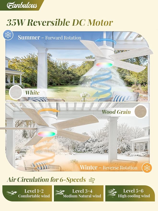 Fanbulous 42" Outdoor Ceiling Fans with Lights, APP Remote Control, IP65 Waterproof, RGB Dimmable Light, Plug in with 10FT Cord, 6-Speeds, 3CCT, Hook Hanging Fan for Gazebo Patio Porch Canopy(White)