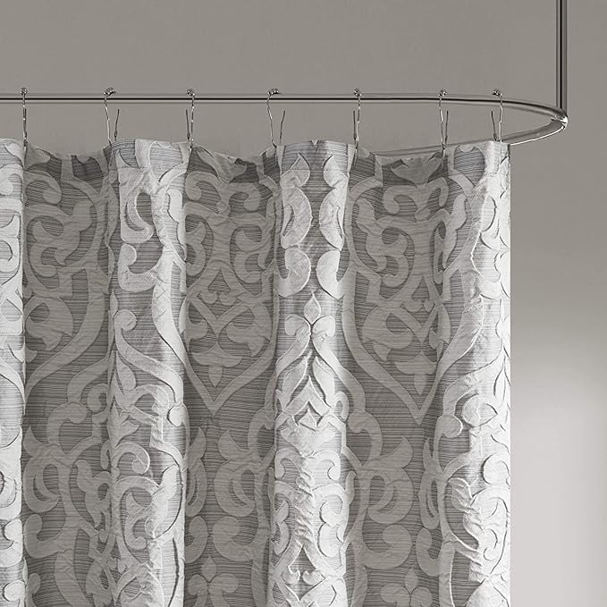 Madison Park Odette Fabric Shower Curtain Luxe Textured Jacquard, Damask Medallion Machine Washable Modern Home Bathroom Decor, Bathtub Privacy Screen, 72" x 72", Silver