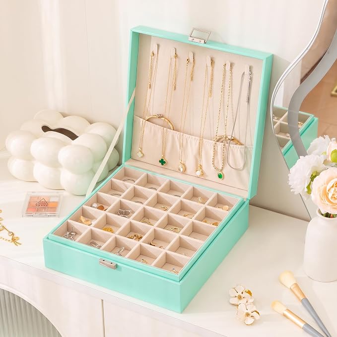 Frebeauty 50 Grid Earring Holder Organizer,2 Layer Jewelry Box for Women | Faux Leather,Velvet Lining,Adjustable Divider,Jewelry Organizer for Ring Necklace and Bracelet,for Home Use and Jewelry Store