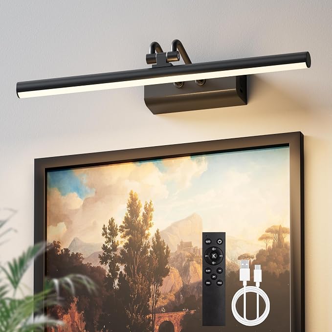 Battery Operated Wall Light for Living Room Picture Light for Wall Set of 2, 4000 mAh, 14'' Dimmable Art Painting Light, Remote Control, Display for Gallery, Living Room, Bedroom (Black)