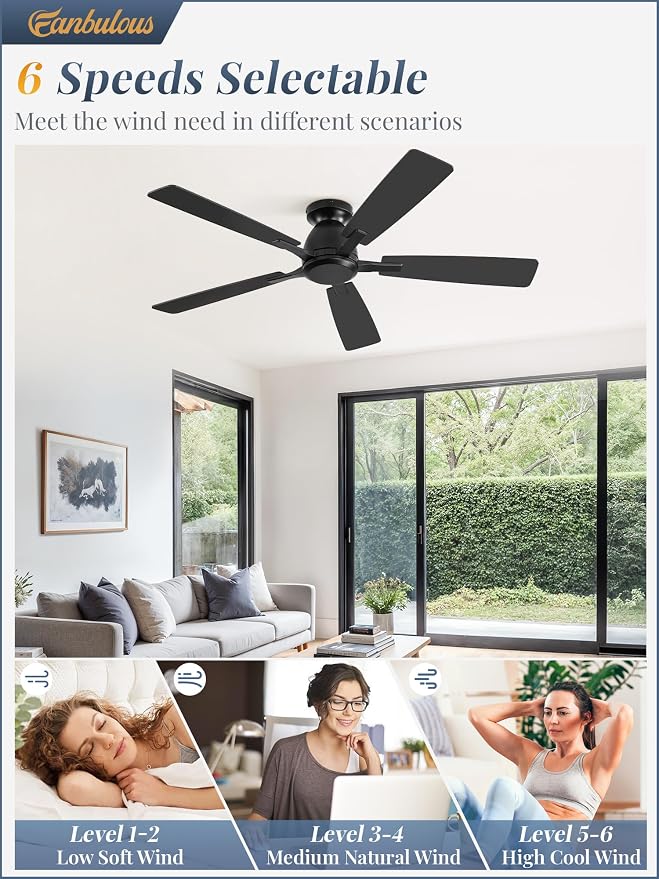 Fanbulous 52 Inch Flush Mount Ceiling Fan No Light with Remote, Black | Modern Low Profile Without Light, 6-Speed, Quiet Reversible DC Motor, Indoor/Outdoor Use, for Bedroom, Living Room, Patio