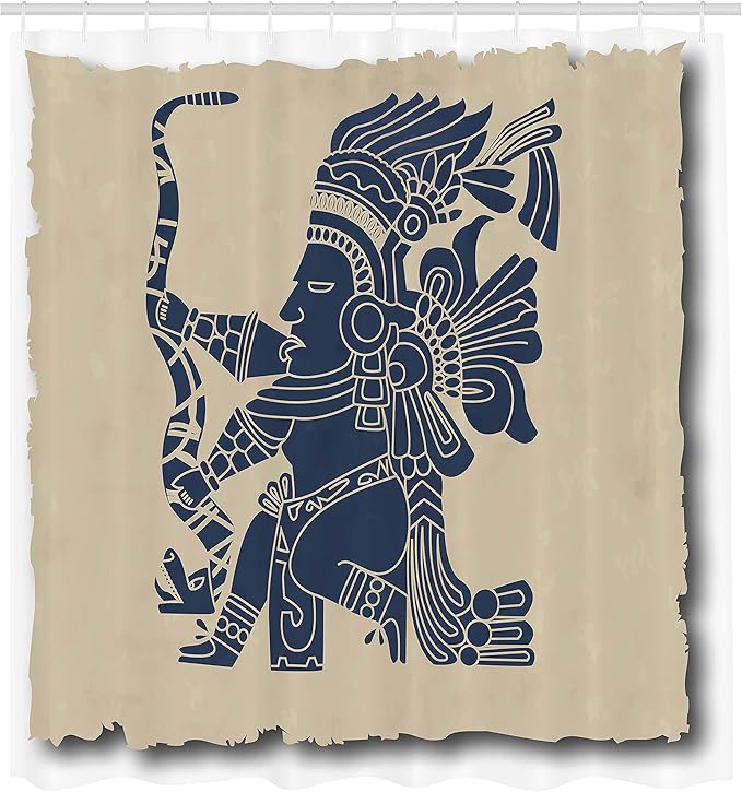 Ambesonne Tribal Shower Curtain, Mayan and Inca Prehistoric Art Motif with Man in Old Paper Print, Cloth Fabric Bathroom Decor Set with Hooks, 69" W x 70" L, Beige Blue Grey