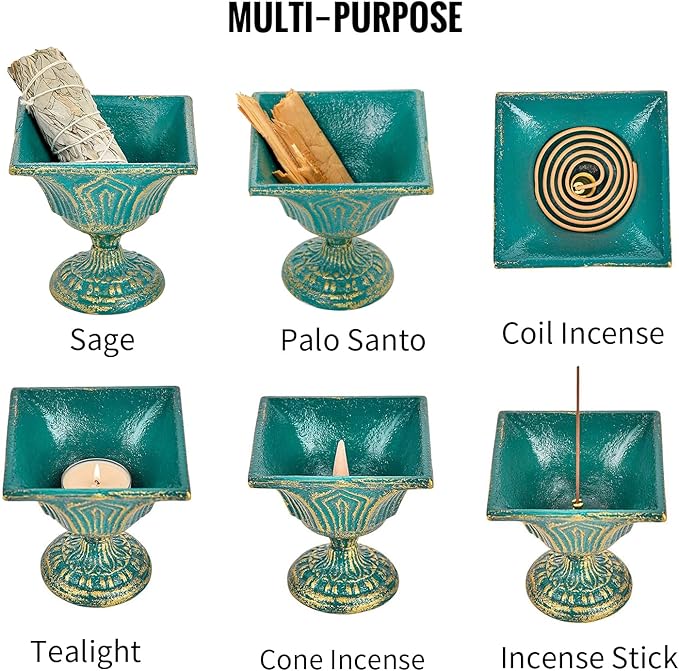 Sungmor Multi-Purpose Cast Iron Incense Holder, Incense Stick Burner Ash Catcher, Decorative Vintage Heavy-Duty Holder for Burning Incense Stick & Cone, Bakhoor, Sage Cones, Beautiful Incense Burner