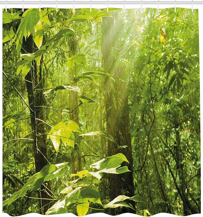 Ambesonne Nature Shower Curtain, Forest with Sunray Foliage Leaf Branches Woodland Eco Jungle Misty Picture, Cloth Fabric Bathroom Decor Set with Hooks, 69" W x 84" L, Lime Green Brown