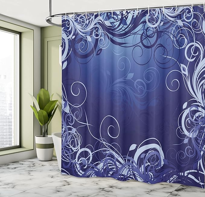 Ambesonne Abstract Shower Curtain, Mystic Forest Floral Swirls Leaves Nature Fading Ombre Effect Illustration, Cloth Fabric Bathroom Decor Set with Hooks, 69" W x 70" L, Blue Violet