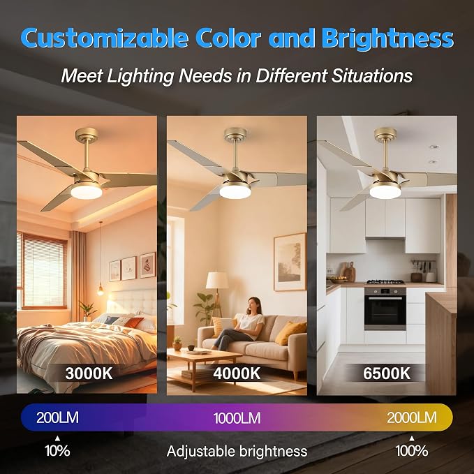Ceiling Fan with Lights and Remote, 3 Blade App Control Timer Reversible Stepless Brightness and Color Temperature Outdoor Wood Ceiling Fan with Lights (Gold, 52 In)