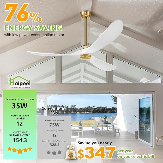 Haipeel 52 Inch Ceiling Fans Without Lights, Wood Ceiling Fan no Light with Remote Control and DC Motor, Indoor Outdoor Ceiling Fan Morden Living Room Bedroom 3 Blades Propeller, White Gold