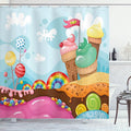 Ambesonne Ice Cream Shower Curtain, Dessert Land Rainbow Candies Lollipop Trees and Cupcake Mountains Cartoon, Cloth Fabric Bathroom Decor Set with Hooks, 69" W x 70" L, Multicolor