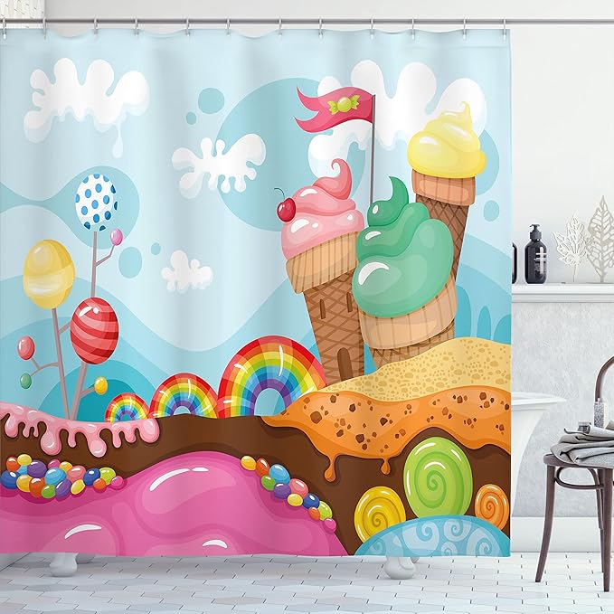 Ambesonne Ice Cream Shower Curtain, Dessert Land Rainbow Candies Lollipop Trees and Cupcake Mountains Cartoon, Cloth Fabric Bathroom Decor Set with Hooks, 69" W x 70" L, Multicolor