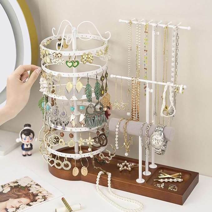 Jewelry Organizer Stand, Metal Rotating Earring Holder Organizer, Multi-Functional Adjustable Necklace Rack Holder Bracelet Watch Holder for Jewelry Earrings Ring