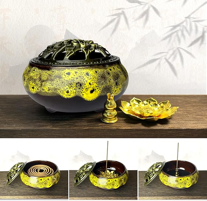 Ceramic Incense Burner, Bowl Burner,Cone Incense Burner with Brass lid for use with Stick or Cone-Shaped Incense，Lotus Incense Stick Holder Calabash Incense Stick Holder, 3pc (Fambe Yellow)