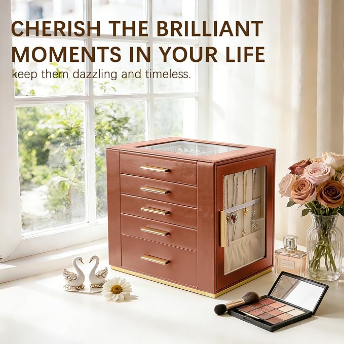 Homeanda Jewelry Box for Women with Glass Lid, 5 Drawers Jewelry Organizer and Storage for Necklaces, Rings, Earrings, Bracelets, Gift for Girls and Teens,PU Leather (Brown)