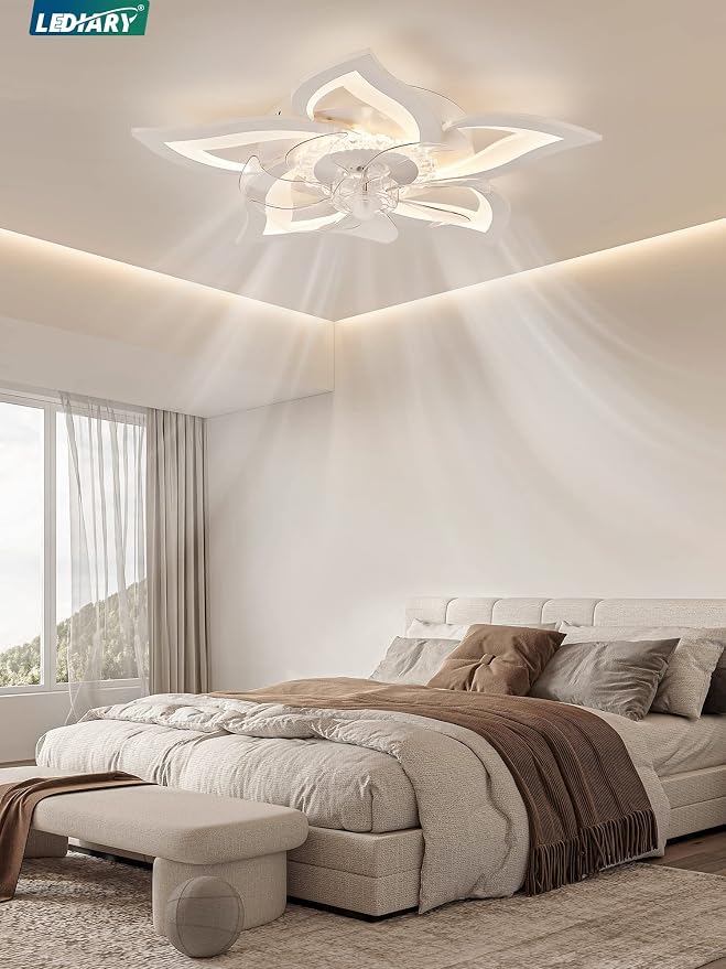 LEDIARY Flower Ceiling Fans with Lights, Small 27 Inch Modern Low Profile Ceiling Fan, Dimmable LED Ceiling Light Fixture, Flush Mount Ceiling Fans with Remote for Bedroom, Kitchen, Indoor-White