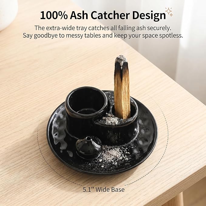 Palo Santo Sticks Holder, Multi-Purpose Handmade Ceramic Incense Burner for Palo Santo Incense Sticks, Sage Holder for Burning, Ash Catcher Tray for Meditation Yoga Room (Black)
