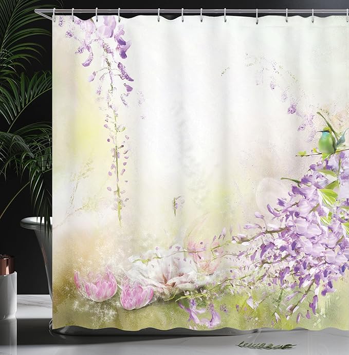 Ambesonne Lavender Shower Curtain, Painting Style Floral Composition Spring Inspired Garden Plants, Cloth Fabric Bathroom Decor Set with Hooks, 69" W x 70" L, Lavender Green Cream