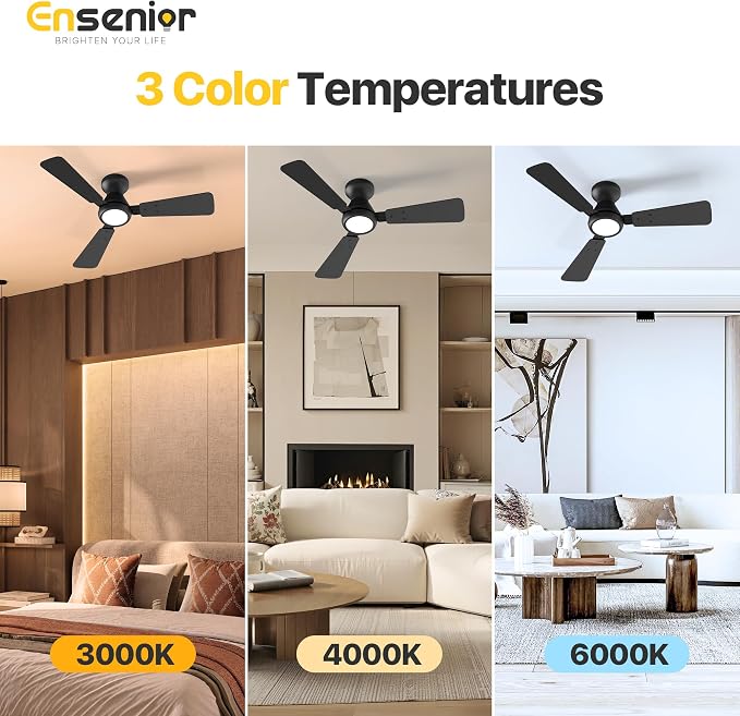 Ensenior 42 Inch Flush Mount Ceiling Fan with Light and Remote, Low Profile Ceiling Fans with Lights, 3 Blades (Black/Wood), Quiet DC Motor, 6 Speeds, 3 Color, Memory Function, Fan for Bedroom, Black