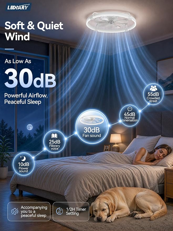 LEDIARY Ceiling Fans with Lights and Remote, Low Profile fan Light, White | 24 Inch 3000K-6000K Stepless Dimmable Fandelier, Reversible DC Motor, Remote and APP Control, Bedroom Kitchen Living Room