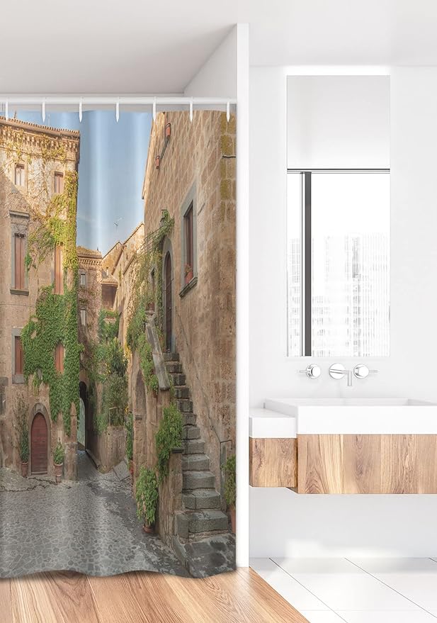 Ambesonne Tuscan Stall Shower Curtain, Village Houses with Colorful Flowers Outside in Burano Village Venice Italy Image, Fabric Bathroom Decor Set with Hooks, 36" W x 72" L, Green Ivory