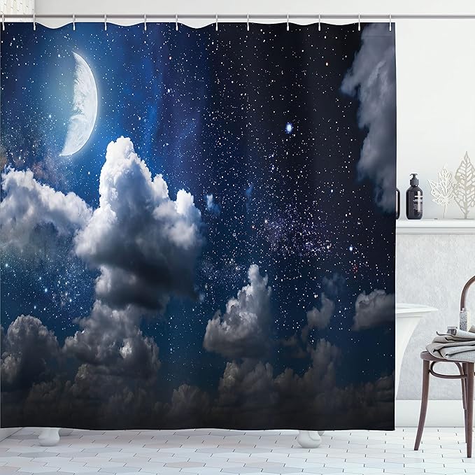 Ambesonne Clouds Shower Curtain, Celestial Solar Night Scene Stars Moon and Clouds Heaven Place in Cosmos Theme, Cloth Fabric Bathroom Decor Set with Hooks, 69" W x 70" L, Dark Night Blue Off White