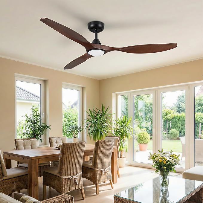 Skylike 52" Wood Outdoor Ceiling Fan with Lights, Propeller Farmhouse Ceiling Fan and Remote Control, 3 Blade Dark Walnut Ceiling Fan for Patio,Porch, Gazebo, Bedroom
