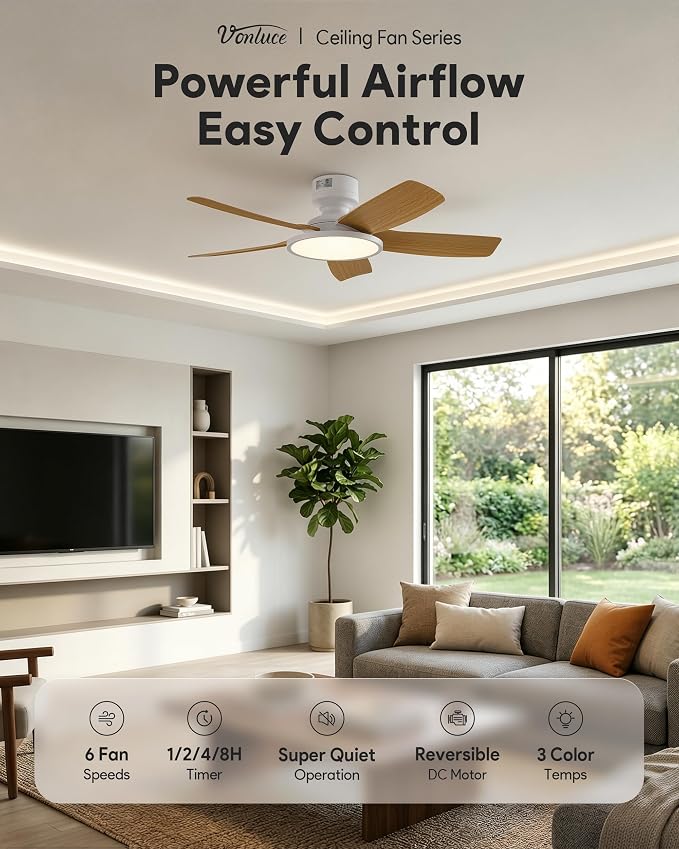 VONLUCE 42 Inch Ceiling Fan with Lights, Quick Install Ceiling Fan and Remote, 6-Speeds Noiseless Reversible DC Motor, 3CCT, Modern Ceiling Fan for Bedroom Living Room Kitchen, Light Wood Grain