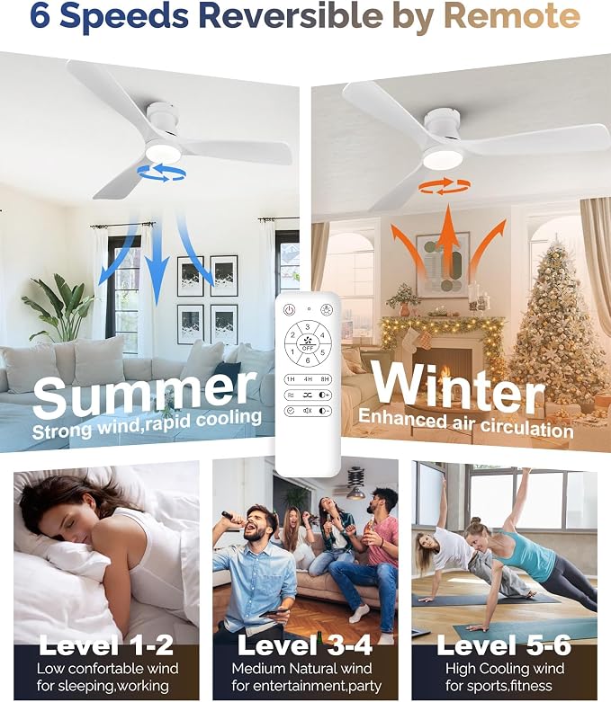 52-Inch White Ceiling Fan with Lights, Remote Control, Flush Mount, Dimmable, Reversible, Wood Blades, Power-Off Memory, Quiet DC Motor – Modern Hugger Ceiling Fan for Indoor Outdoor
