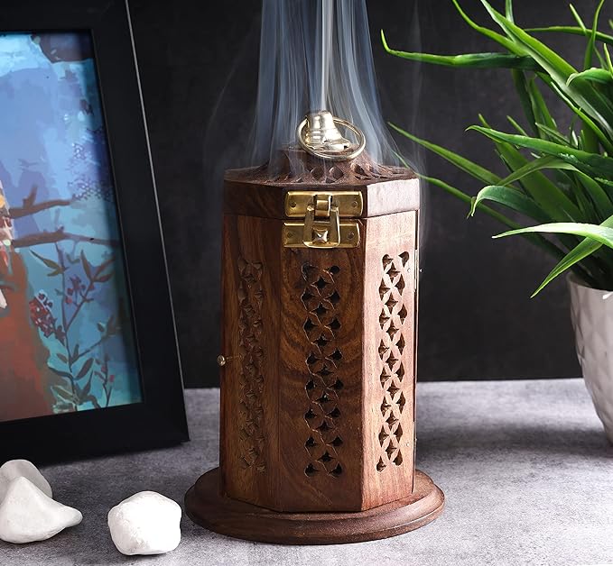 Bless-International Traditional-Handmade-Burner Wooden-Incense-Stick-Holder Ash-Catcher-Stand for-Aromatherapy-Meditation-Yoga (7 Inch Letter Box Wooden Charcoal/Cone)