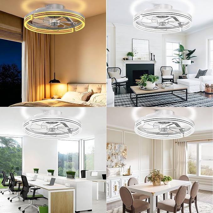 Ceiling Fans with Lights and Remote, 20" Low Profile Flush Mount Ceiling Fan, 3000-6500K Dimmable LED Fandelier, 6 Quiet Speeds for Bedroom