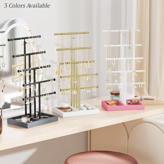 Love-KANKEI Jewelry Organizer Stand 5-Tier,Adjustable Height,Pink/White | Metal Rod,Solid Wood Base,Easy to Install,Tree Style,Display Long Necklaces,Bracelets,Earrings,Rings,Watches,Bangles,Gift