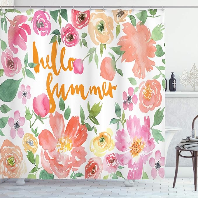 Ambesonne Summer Shower Curtain, Flower Rose Wreath Classic Frame Border with Hello Summer Note Congratulation Event, Cloth Fabric Bathroom Decor Set with Hooks, 69" W x 75" L, Pink Coral