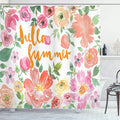 Ambesonne Summer Shower Curtain, Flower Rose Wreath Classic Frame Border with Hello Summer Note Congratulation Event, Cloth Fabric Bathroom Decor Set with Hooks, 69" W x 75" L, Pink Coral