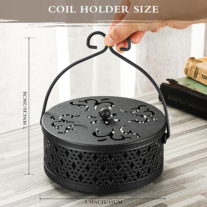 Lallisa Incense Coil Holder Sets, Round Metal Hanging Incense Burner with Handle and Lid, Portable Coil Burner Stand Container for Patio Camping Garden Home Indoor Outdoor Decor(Black,4 Pcs)
