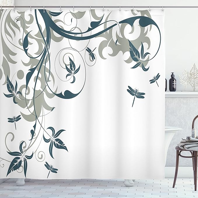 Ambesonne Dragonfly Shower Curtain, Swirled Floral Background Damask Curl Branches and Leaves Print, Cloth Fabric Bathroom Decor Set with Hooks, 69" W x 84" L, Dark Emerald