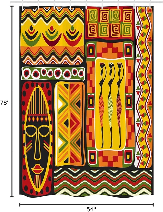 Ambesonne African Stall Shower Curtain, Elements Historical Original Striped and Rectangle Shapes Design, Fabric Bathroom Decor Set with Hooks, 54" W x 78" L, Scarlet Yellow