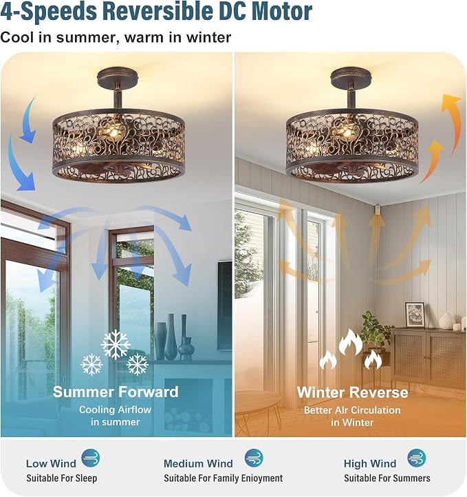 COCOSTAR Vintage Chandelier Ceiling Fan with Light: Bronze Caged Fandelier | Smart Remote/APP,Enclosed,Sloped Ceiling,15" Rustic Fan with Small Ceiling Fixtures for Kitchen Bedroom Living Dining Room