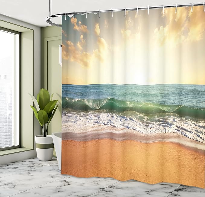 Ambesonne Ocean Shower Curtain, Sunset at a Smooth Sandy Beach with Small Wave and Bubbles from The Sea, Cloth Fabric Bathroom Decor Set with Hooks, 69" W x 70" L, Amber Cream