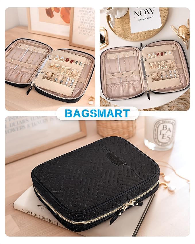 BAGSMART Jewelry Travel Organizer Case Ring Binder Storage Rolls, Black | For Home Jewelry Storage, Ring Binder Clear Bags, Zipper Rolls Pouch, For Necklaces, Earrings, Rings, Bracelets