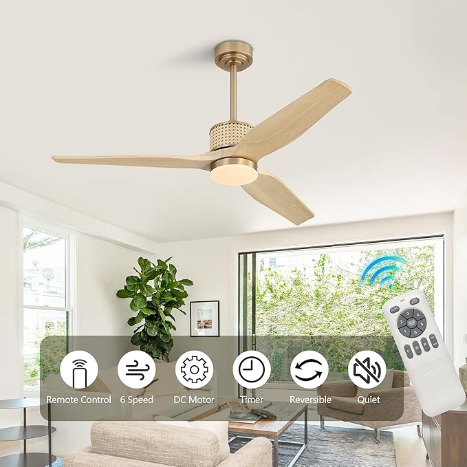 LEDLUX 52" Ceiling Fan with Light – Remote Control, Solid Wood, Quiet Reversible DC Motor, Light Oak/Gold Finish, Includes 4.5"/12" Downrods, Noiseless Ceiling Fan for Bedroom, Living Room, Porch