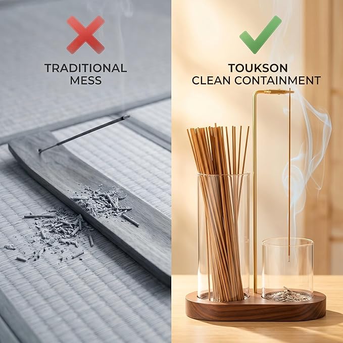 2-in-1 Incense Stick Holder with Glass Ash Catcher, Dual Glass Cups & Metal Clip, Minimalist 8-Shaped Wooden Base, Home Decor Gift (Dark Base)