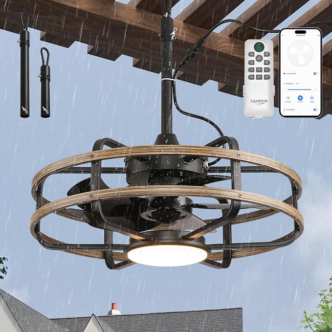 20" Outdoor Ceiling Fan with Light – Waterproof Plug-In Smart Fan for Porch, Pergola & Gazebo, 4CCT Color Adjustable, Alexa & Google Compatible, Caged Design, Black & Dark Wood Finish