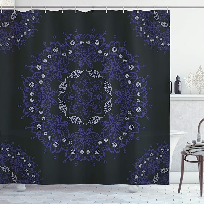 Ambesonne Dark Blue Shower Curtain, Oriental Round Ornate Mandala Lace Style Eastern, Cloth Fabric Bathroom Decor Set with Hooks, 69" W x 75" L, Blue Violet Coconut