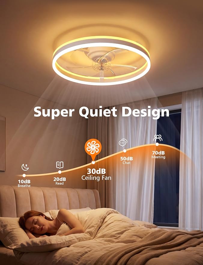 NIORSUN RGB Ceiling Fans with Lights and Remote, Modern Smart LED Ceiling Fans Light, 6 Speeds & 3000K-6500K Dimmable, Quiet Bladeless Fandelier Ceiling Fan with Light for Bedroom(20Inch,White)