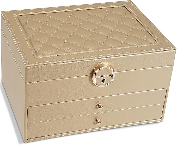 GUOER Jewelry Box for Women Girls, 3 Layers Large Jewelry Organizer(Champagne)