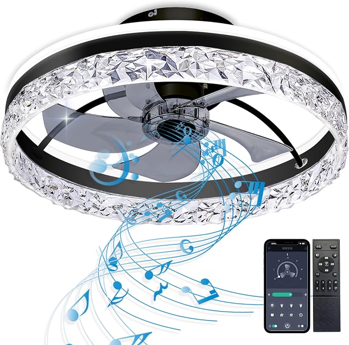 Low Profile Flush Mount Ceiling Fan with Light and Bluetooth Speaker, Smart Ceiling Fan with 6 Speeds, Reversible Airflow, APP/Remote Control for Bedroom