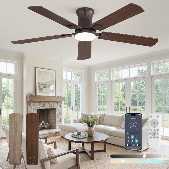 Fanbulous 52 inch ceiling fan with light, Low Profile Ceiling Fan with Light, App&Remote Control, Dimmable LED Light, Flush Mount Ceiling Fan for Indoor Bedroom Living Room, Qiuet DC Motor