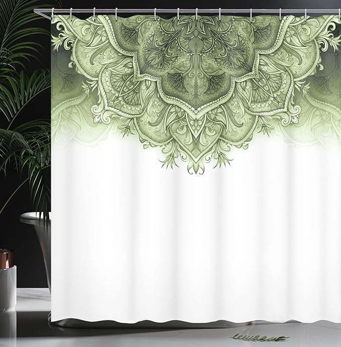 Ambesonne Moroccan Shower Curtain, Floral Art Vintage Style Eastern Architectural Elements Oriental Pattern, Cloth Fabric Bathroom Decor Set with Hooks, 69" W x 75" L, Light Green