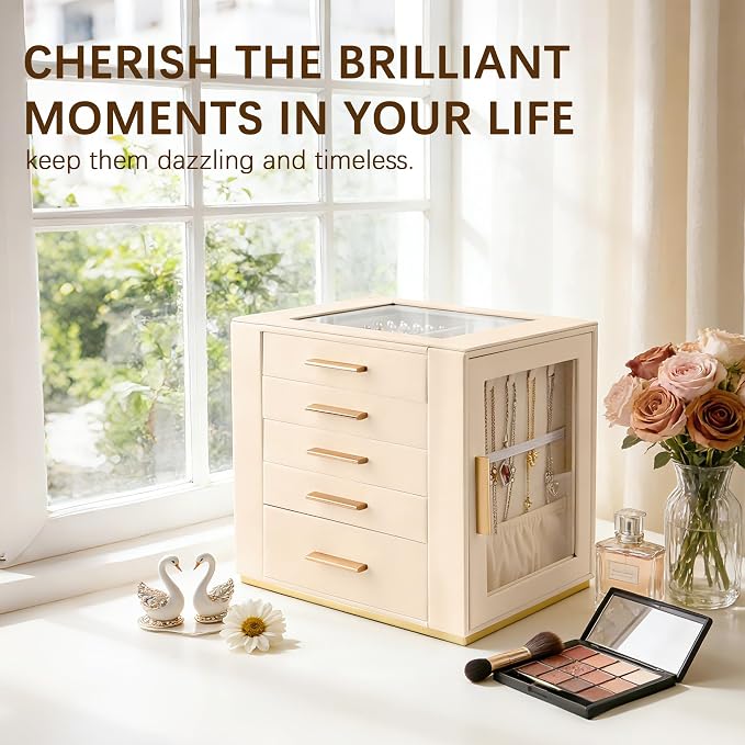 Homeanda Jewelry Box for Women with Glass Lid, 5 Drawers Jewelry Organizer and Storage for Necklaces, Rings, Earrings, Bracelets, Gift for Girls and Teens,PU Leather (Beige)